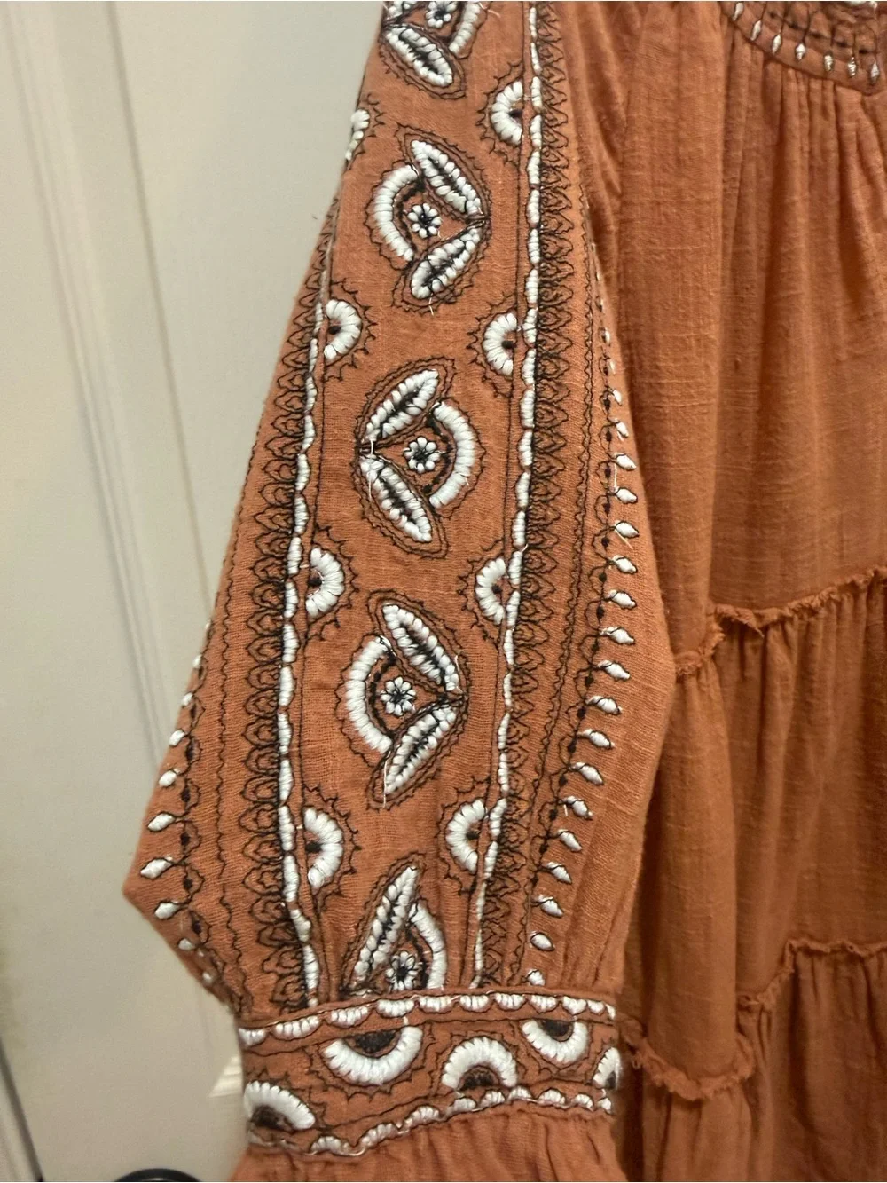 Free People Rust Tiered Boho Embroidered Midi Dress